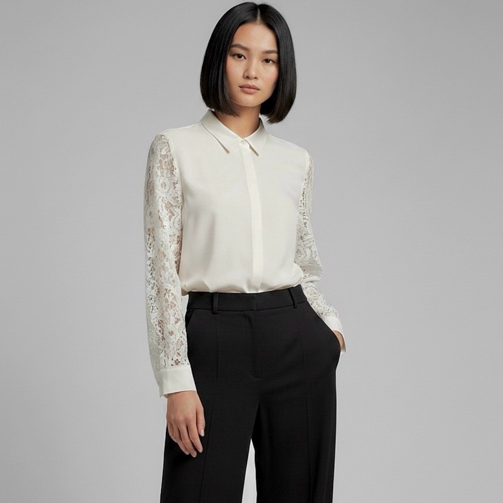 PURE COLLECTION Ivory Silk Lace Sleeve Buttondown Collared Blouse Women's Size 6